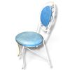 Image 3 : Vintage Glass-Top Dining Table & Four Blue Upholstered Metal Chairs Table is 42" Diamteer