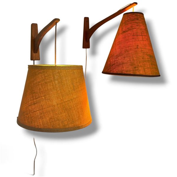 2 Mid-Century Modern Wall Mounted Lamps w Wooden Arms