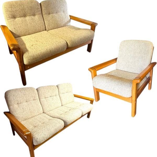 Mid-Century Modern Beige Fabric & Wood Sofa Set