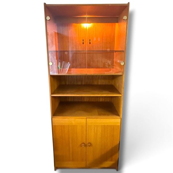 Mid-Century Modern Wooden Display Cabinet w Glass Doors & Brass Hardware 30.5x15.5x73.5"