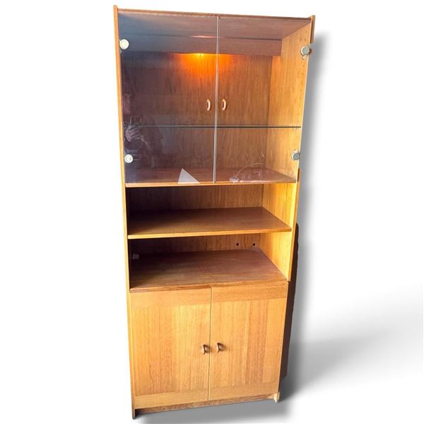 Mid-Century Modern Wooden Display Cabinet w Glass Doors & Brass Hardware 30.5x15.5x73.5"