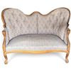 Image 1 : Carved Wood Settee with Tufted Blue-Gray & Cream Medallion Upholstery