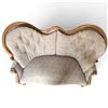 Image 4 : Carved Wood Settee with Tufted Blue-Gray & Cream Medallion Upholstery