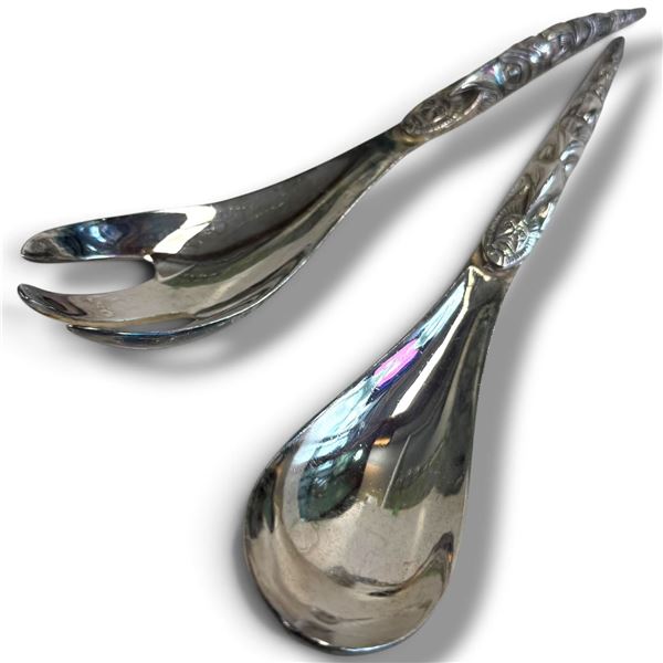 Vintage BOMA Silver Plated Pewter Salad Servers with Totem Pole Design - 9" Long