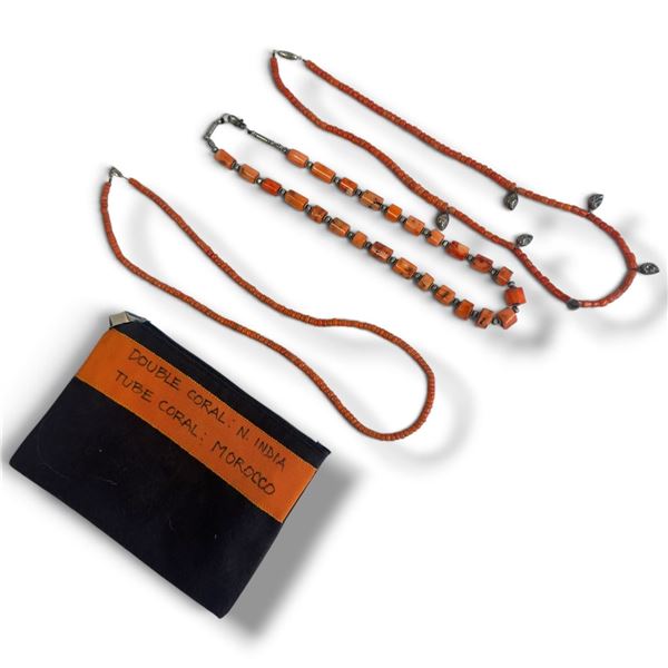 3 Coral Bead Necklaces * Two 24" Indian Coral 5mm Bead Necklaces & One 19" Moroccan 9mm Tube Coral N