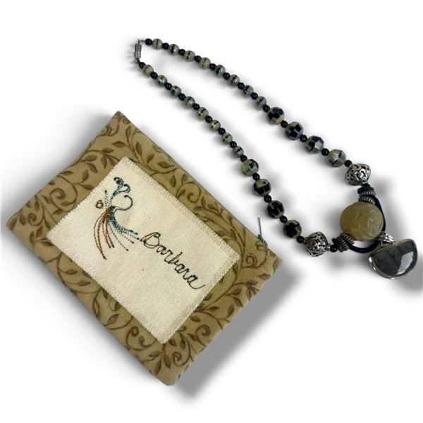Handcrafted Carved Stone Bead  Choker with & Sterling Silver Labradorite Drop Pendant  (Choker is 16