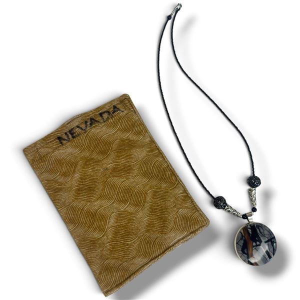 Sterling Silver Picasso Jasper Pendant on a 20" Beaded Necklace - Pendant is 1.5" (39mm) diameter