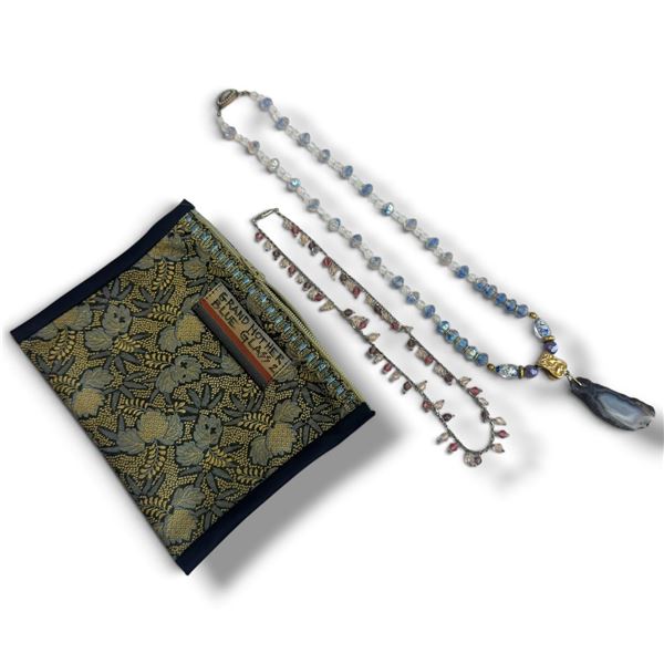 2 Handcrafted Glass Bead Necklaces (Fine 16" choker and 21" glass bead necklace with agate drop and