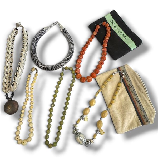 5 Necklaces of International Origin - Coral, Bone Bead, Bead with Faux Ivory Elephant Charms ,Olive