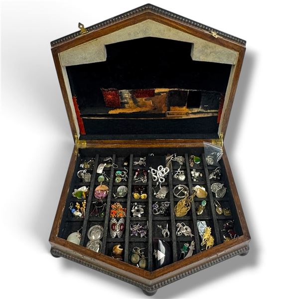 Antique Wood Box Full of Assorted Earrings * Box measures 14" x 15" x 3.5" tall