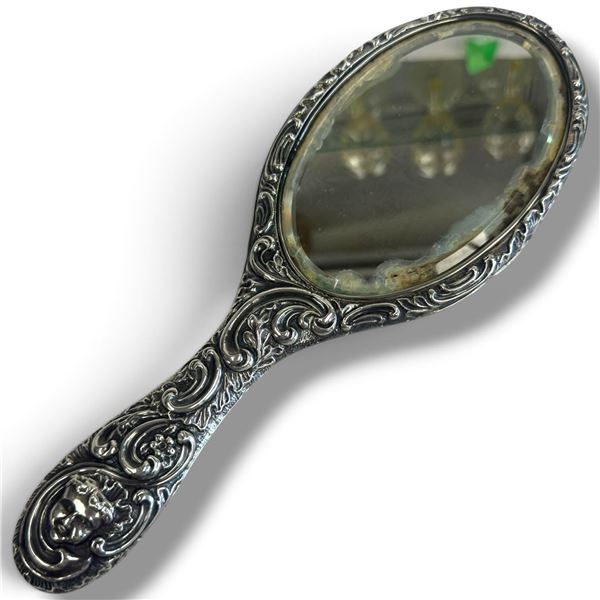 Antique Sterling Silver Repousse  Hand Mirror with Theatrical Mask & Cherub Design - Believed to be