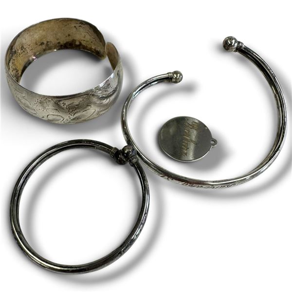 3 Vintage Sterling Silver Bracelets & 1 Charm * 3 of the pieces are engraved "Barbara" (Total weight