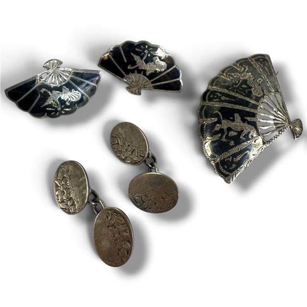 Vintage Siam Sterling Fan Brooch & Earring Set & Pair of Sterling Cuff Links (Earrings are screw bac