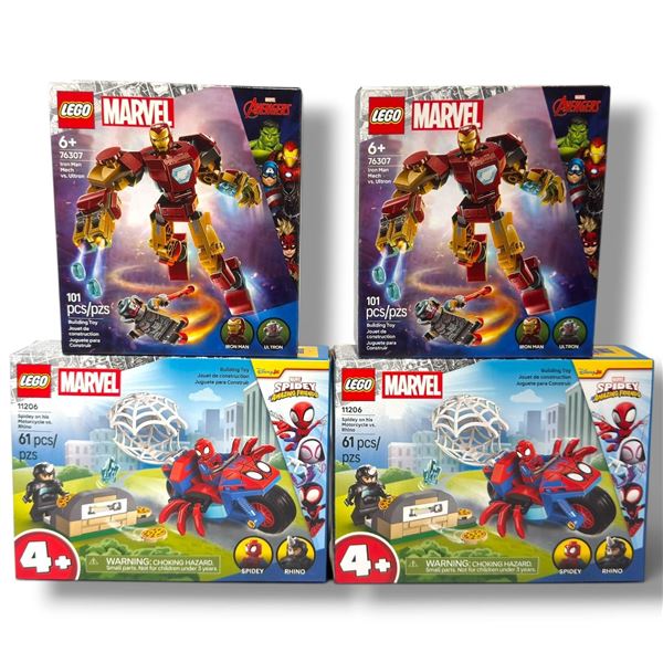 Two LEGO Marvel 76307 Iron Man vs Ultron & Two 11206 Spidey on Techno Trike, 4 Sets, Factory Sealed.