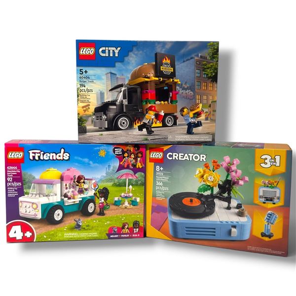 LEGO City 60404 Burger Truck, Friends 42644 Ice Cream Truck & Creator 31172 Record Player, Sealed