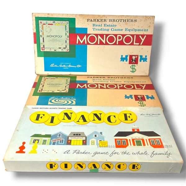 Vintage Parker Brothers Monopoly & Finance Board Games, 2 Canadian Monopoly Sets & Finance, Lot of 3