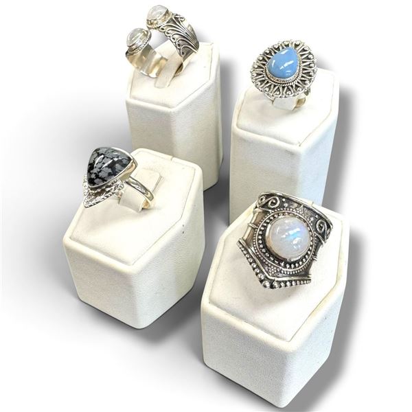 4 New Rings * all stamped .925 * (Snowflake Obsidian, Moonstones, & Larimar Stone)  Longest ring  is