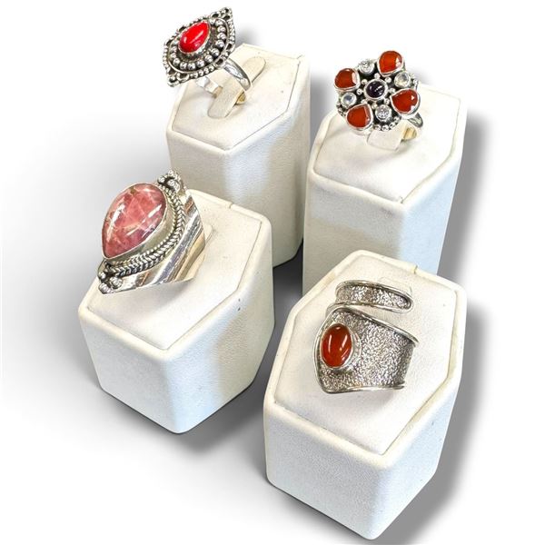 4 New Rings * all stamped .925 * (Pink Rhodochrosite, Carnelian, Coral & Crystals) Longest ring is 3