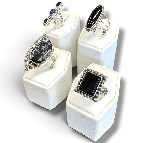 4 New Rings * all stamped .925 * (Snowflake Obsidian plus Polished & Faceted Black Onyx)  Longest ri