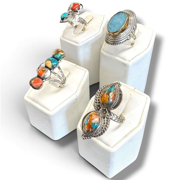 4 New Rings * all stamped .925 * (Oyster Turquoise, Red Jasper, Copper Turquoise & Blue Chalcedony)
