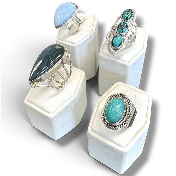 4 New Rings * all stamped .925 * (Labradorite, Turquoise, & Larimar, ) Longest ring  is 39 mm * Tota