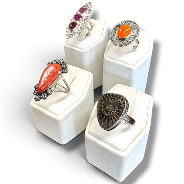 4 New Rings * all stamped .925 * (Pyritized Ammonite, Oyster Turquoise, Garnet & Carnelian) Longest