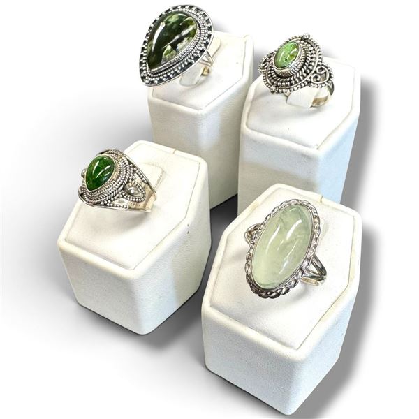 4 New Rings * all stamped .925 * (Green Prehnite, Chrome Chalcedony, & Green Turquoise) Longest ring