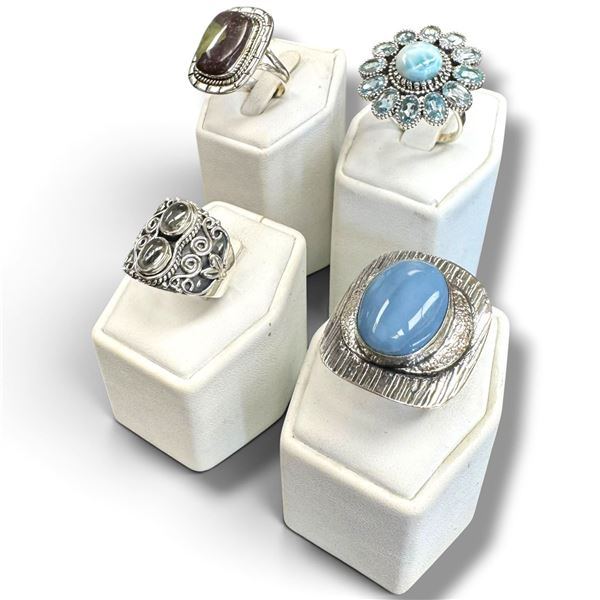 4 New Rings * all stamped .925 * (Larimar, Blue Topaz Crystal, Chrome & Blue Chalcedony) Longest rin