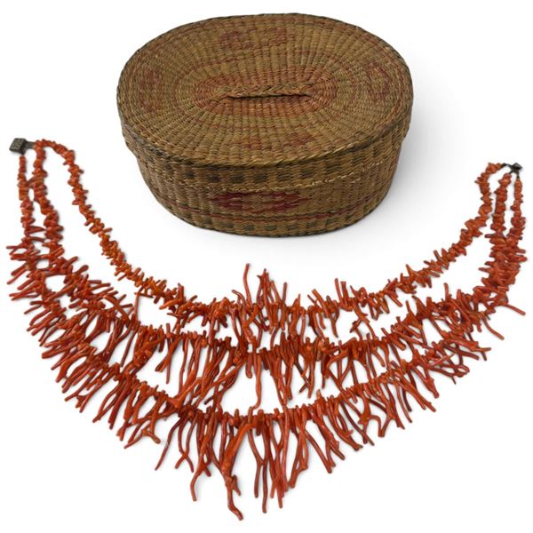 Vintage Triple Strand Branch Coral Necklace in Woven Grass Basket - Strands are 16", 17" and 18"