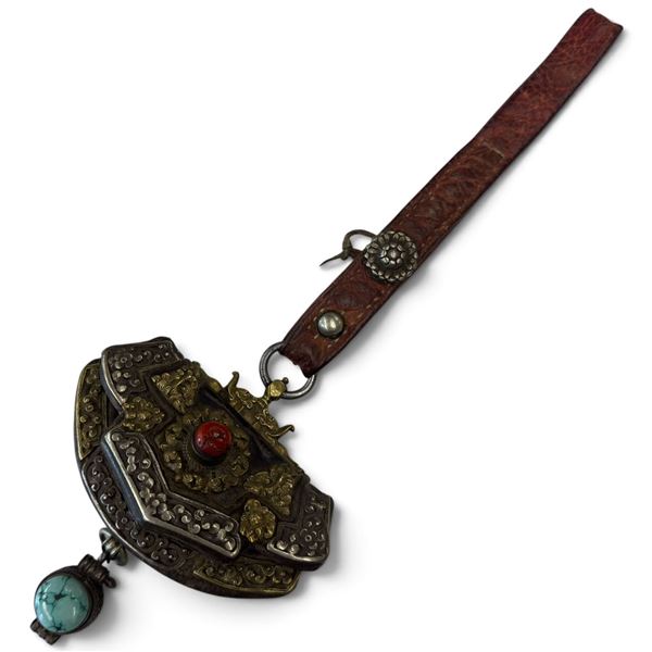 Antique Tibetan Flint and Tinder Pouch - Leather base with gemstone with chased brass & silverwork