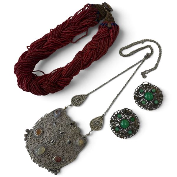 Vintage Red Seed Beed Torsade, Persian Necklace with Agates & Jade Cabochon Belt Buckle