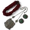 Image 1 : Vintage Red Seed Beed Torsade, Persian Necklace with Agates & Jade Cabochon Belt Buckle