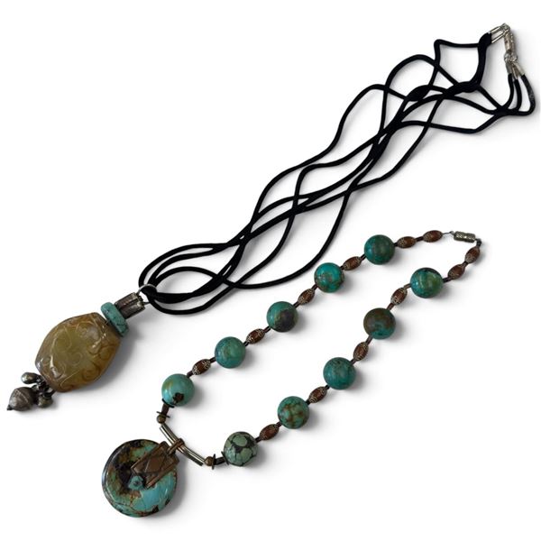 Carved Chinese Jade Pendant & Turquoise Ring of Life on Beaded Choker (Chinese pendant is 32mm x 52m