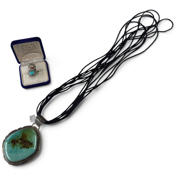Large Turquoise Pendant on Cord & Tibetan Silver & Turquoise Dragon Ring (Size 5) * Turquoise Pendan