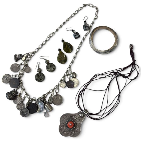 Group of Ethnic & Natural Stone Jewelry (Metal coin and charm necklace with some sterling pieces, ag