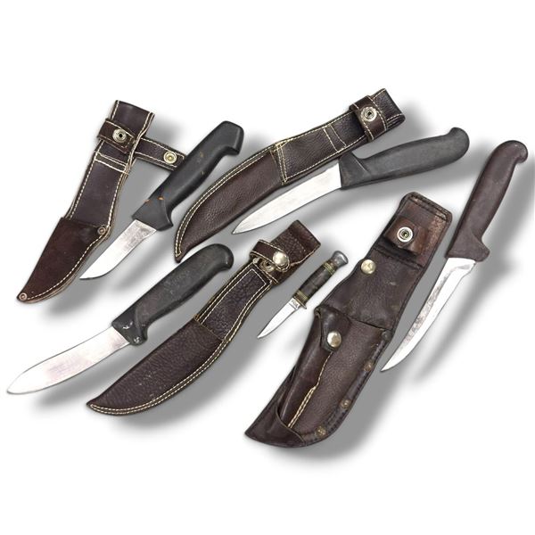 Vintage Fixed Blade Hunting Knife Lot, Victorinox & Assorted Makers, 5 Knives W Leather Sheaths Set