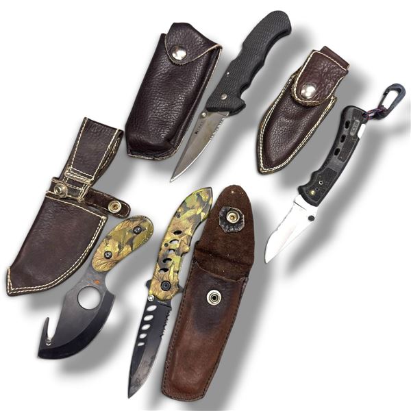 CRKT & Outdoor Edge Folding Hunting Knife Lot, 4 Knives, Gut Hook, Camo Handles & Leather Sheaths
