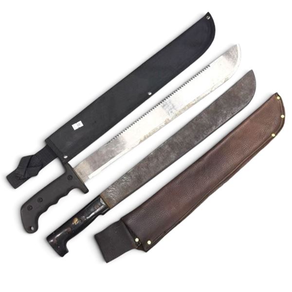 2 Large Machetes with Sheaths, Serrated Sawback & Traditional Blades, Hunting & Outdoor Tools