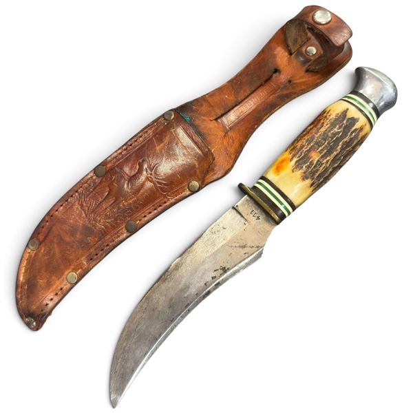Anton Wingen Jr. Original Buffalo Skinner Knife, Stag Handle & Leather Sheath, Solingen West Germany