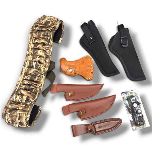 Outdoor Accessory Lot: Flambeau Camo Bandolier, Holsters, Compass & Assorted Knife Sheaths