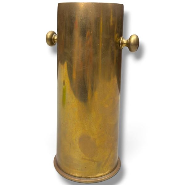 Vintage Brass Artillery Shell Trench Art Vase, Twin Side Knobs, Military Casing, 9.75 Inches Tall