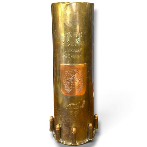 Canadian National Revolver Club Slow Fire Trophy, WWI 18-Pounder Brass Shell Case, Winners 1939-1941