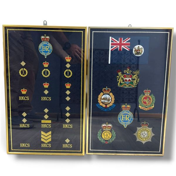 Pair Framed Colonial Hong Kong & HKCS Bullion Badge Displays, Pre-1997 Historic, 13.5 x 21.5 Inches.