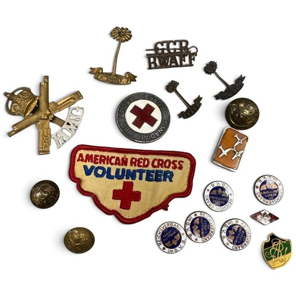 Mixed Military, Red Cross & German Motor Driver Badges, Canadian RWAFF Insignia, Pins & Patches Lot