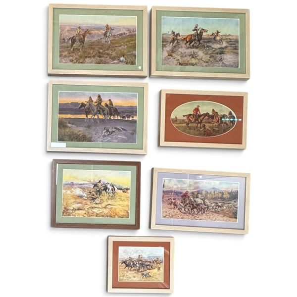 Seven Framed C.M. Russell Western Art Reproductions, Cowboys & Native American Subjects