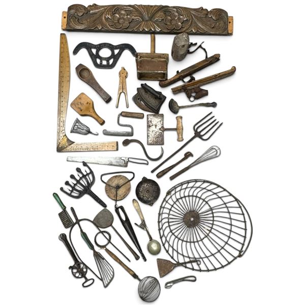Antique Kitchen, Sewing & Household Tool Collection incl. Patent-Dated Inaminit Skirt Measure