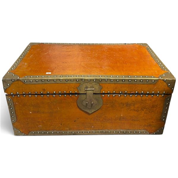 Leather-Covered Wood Travel Trunk with Brass-Tone Studded Mounts & Black Interior