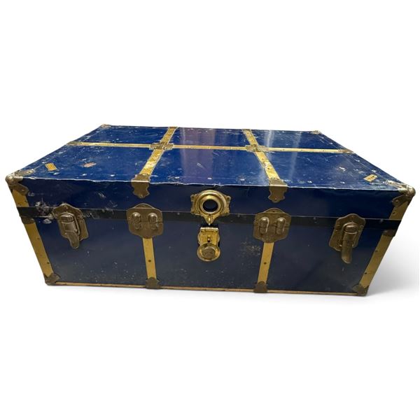 Vintage Blue Plywood Steamer Trunk with Brass-Tone Hardware & Interior Tray (36 x 20 x 14 in.)