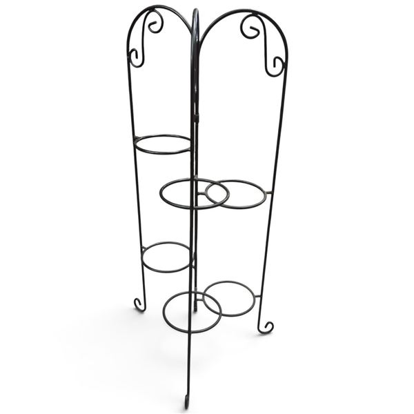 Vintage Black Metal Multi-Tier Plant Stand, Hinged Folding Design, Scrollwork Pot Holders, 37 In. H.