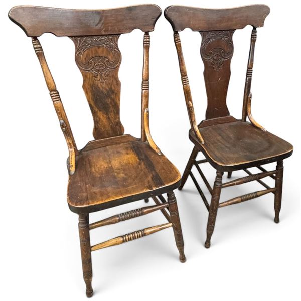 Pair of Antique Wooden Chairs w Carved Backrests & Turned Legs